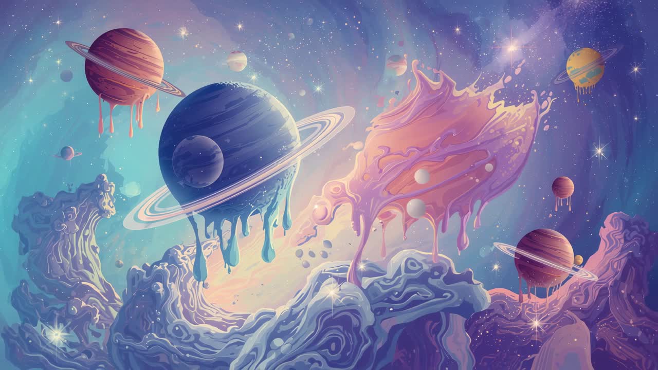 Starting playback, large ringed blue planet dripping liquid in space, with small dripping planets