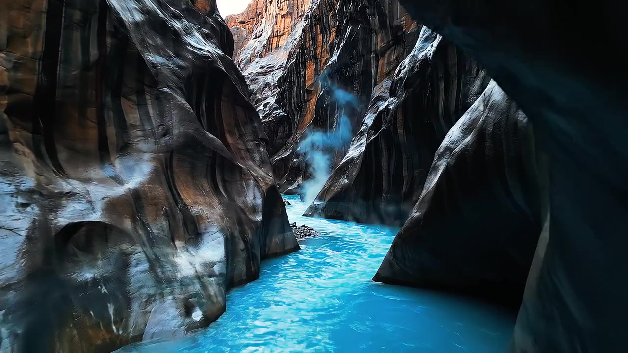 Rio azul vibrante fluindo através de um cânion estreito e escuro