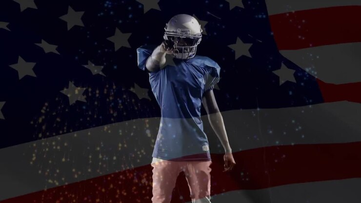 Jugador de fútbol americano con una bandera de Estados Unidos y fuegos artificiales