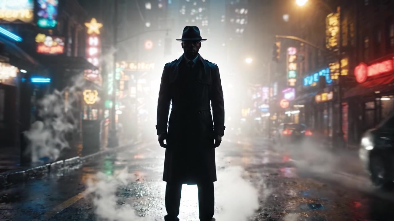Figura misteriosa in un paesaggio urbano noir: un personaggio ombroso sta da solo su una strada urbana, avvolto nella nebbia e nelle luci al neon