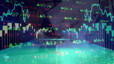 man viewing screen in office, overlaying finance data with green bar charts and red line graphs