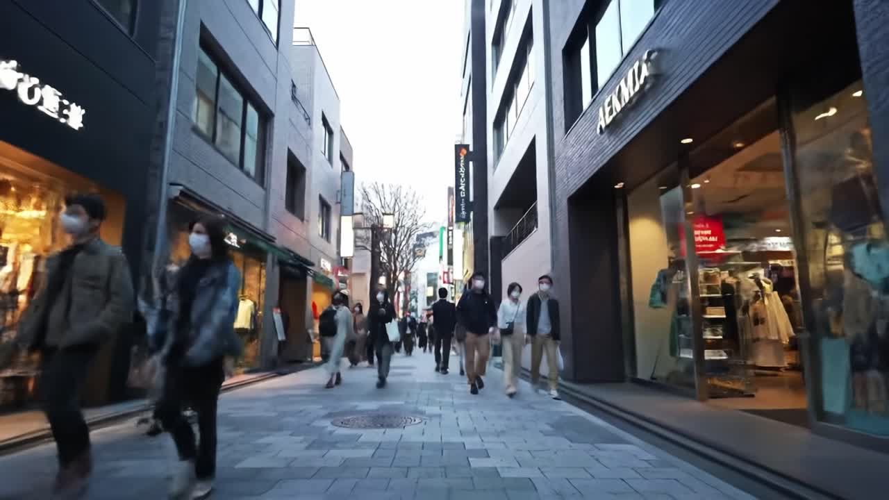 Shopping district in Tokyo becomes lively as pedestrians stroll during early evening hours