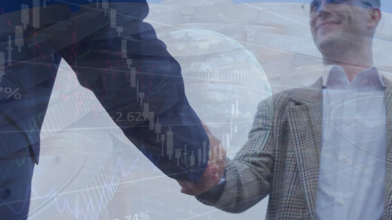 Animasjon av en globus og finansiell databehandling over et forretningshåndtrykk.