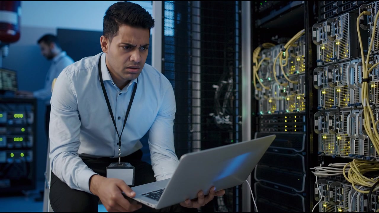 Frustrated IT engineer holding laptop and sitting in server room, dealing with network or server issues, technology stress scenario