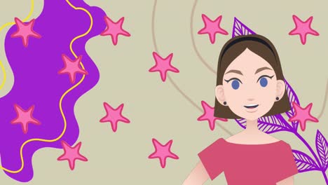 Animation-of-woman-talking-over-stars-and-shapes-icons
