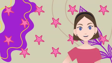 animación de una mujer hablando sobre estrellas y formas iconos