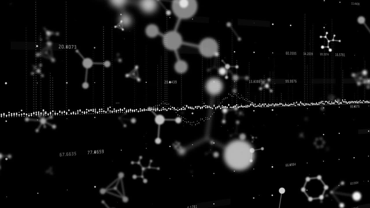 검은 바탕에 떠다니는 여러 개의 변화하는 숫자와 분자 구조