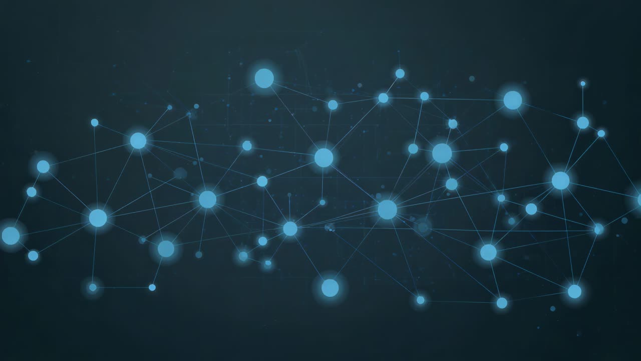 Waving glowing cyan node band pulsing with frames advancing across navy forming lines and sparks