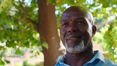 portrait of serious senior man standing outdoors in garden park or countryside