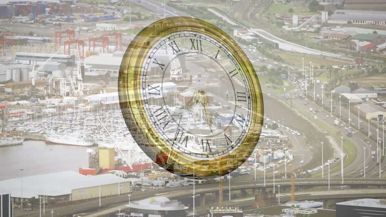Fading in transparent golden clock rotating, hands advancing over harbor marking time passage