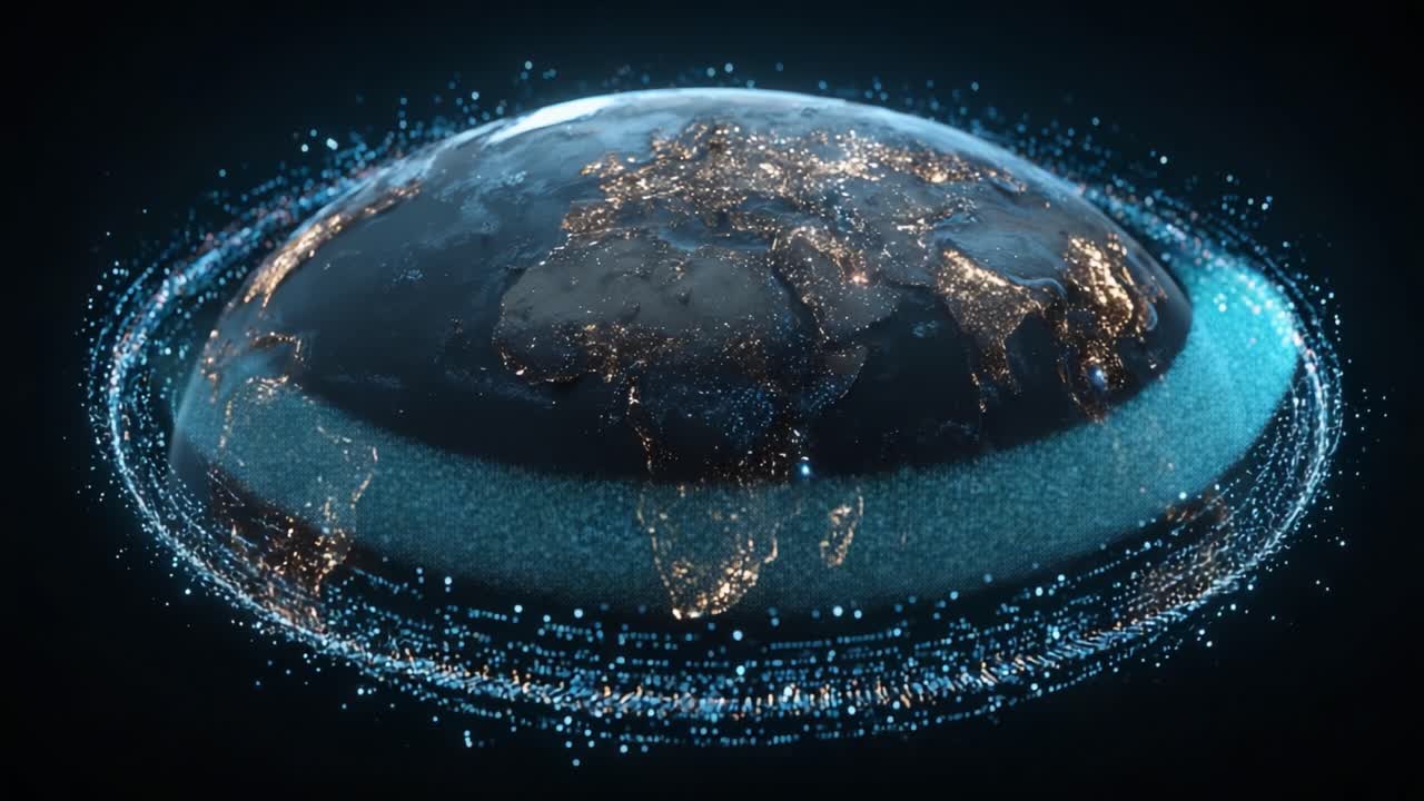 A Stunning Visual Representation of Earth Surrounded by Glowing Data Streams, Showcasing Detailed Continents and Nighttime City Lights in a Futuristic Perspective