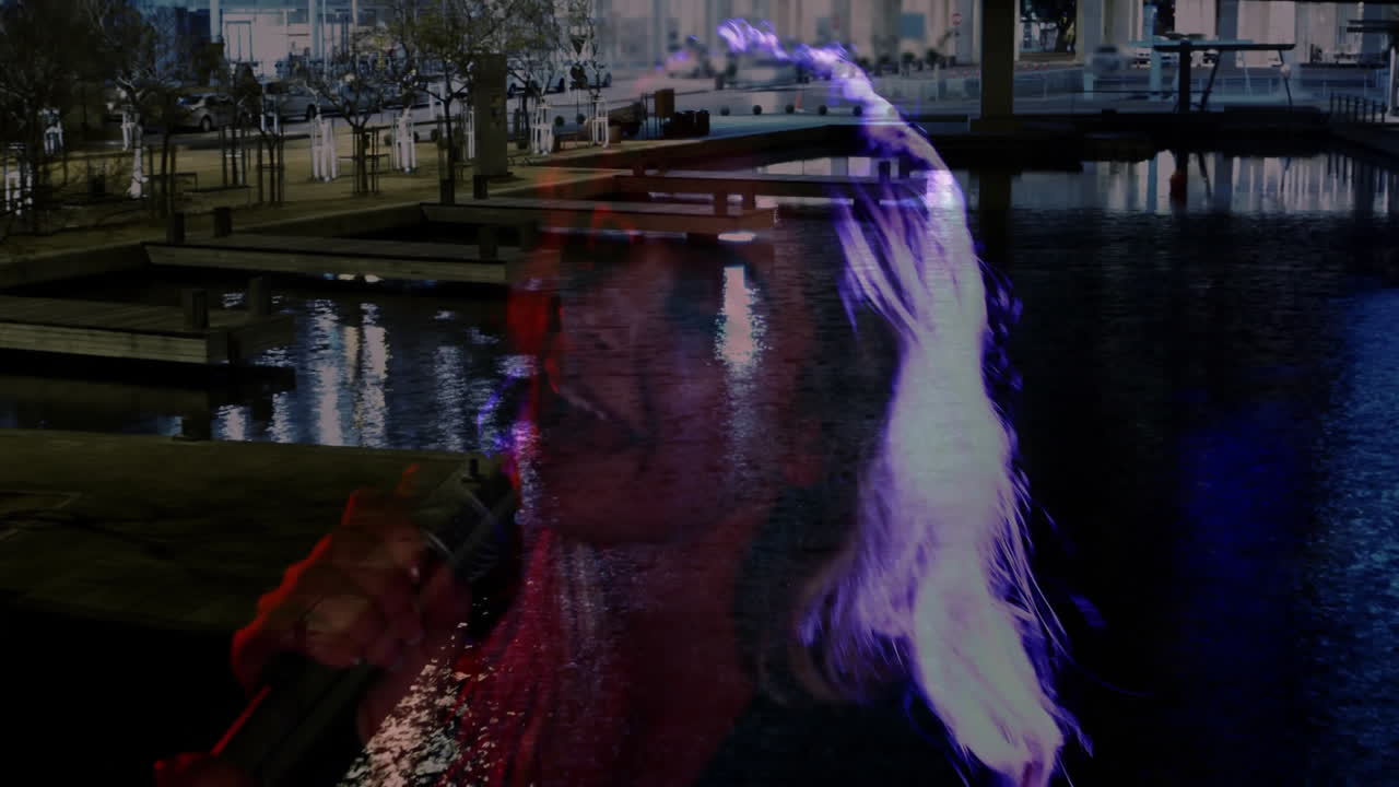 Female showing double exposure portrait over waterfront docks, highlighting purple red tech design
