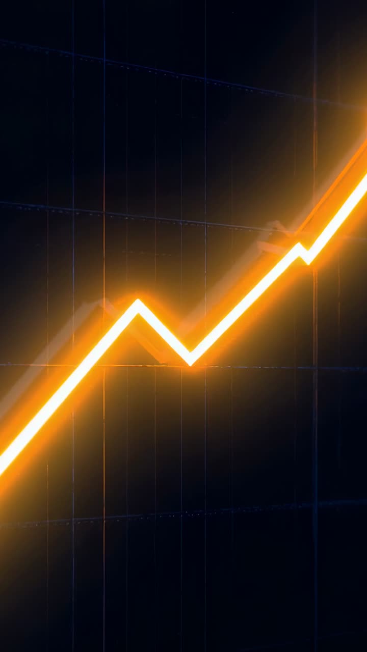Video verticale: linea a zigzag color neon arancione che si muove verso l'alto su una griglia, a indicare un aumento, apparendo da sinistra
