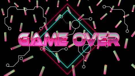 Animation-of-game-over-over-squares-and-colorful-rollers-on-black-background