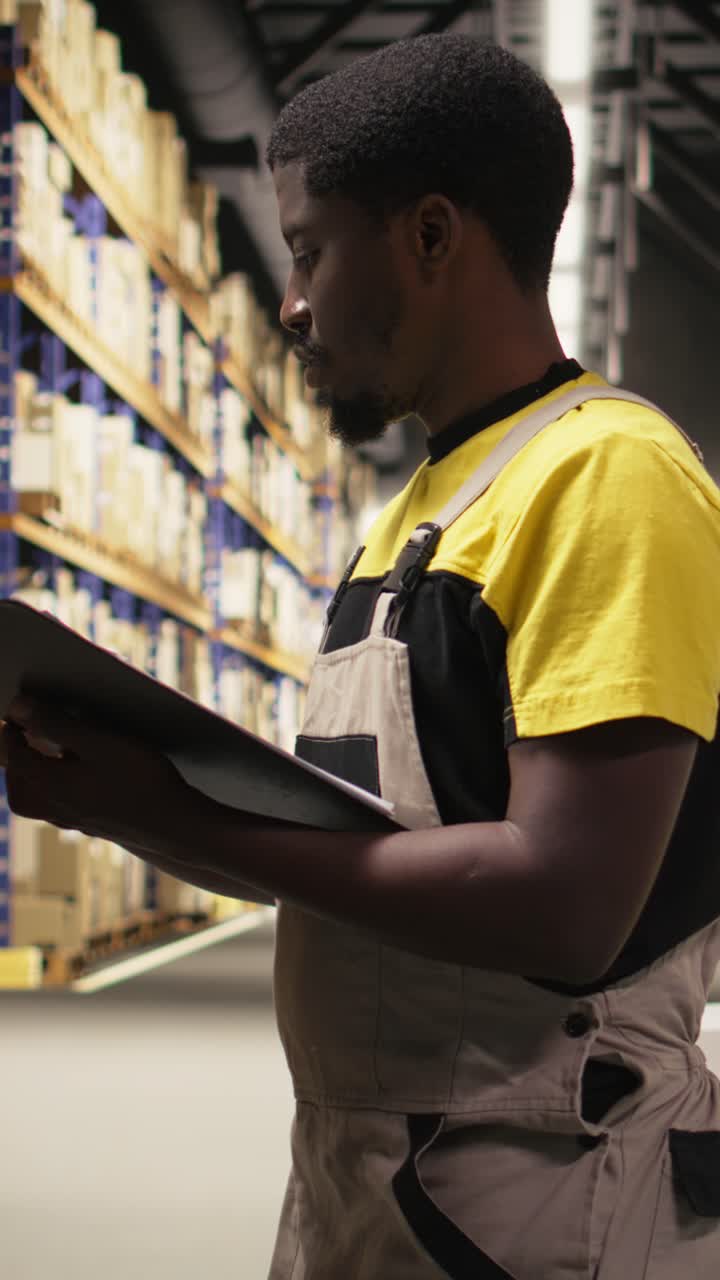 Vertical Video Staff member applying adhesive shipping labels on boxes in industrial depot