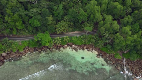 Mahe-Seychelles-One-passing-car-on-small-coastal-road-of-baie-Lazare-beautiful-road-inside-the-nature