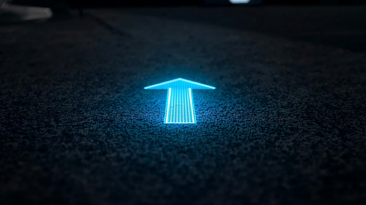 Vertical video: Camera rolling, blue arrow guiding navigation on pavement with person standing