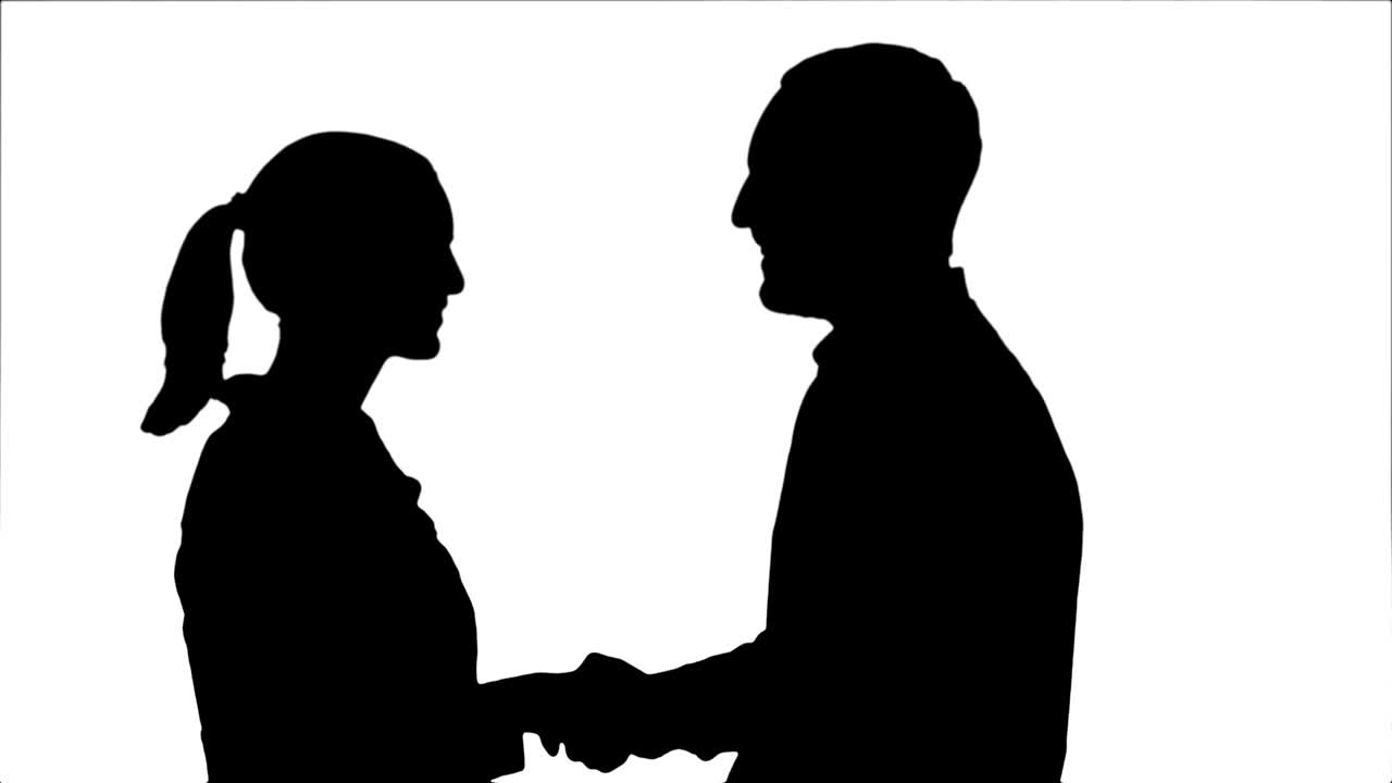 silueta personas adolescentes estrechando la mano y mirando a la cámara