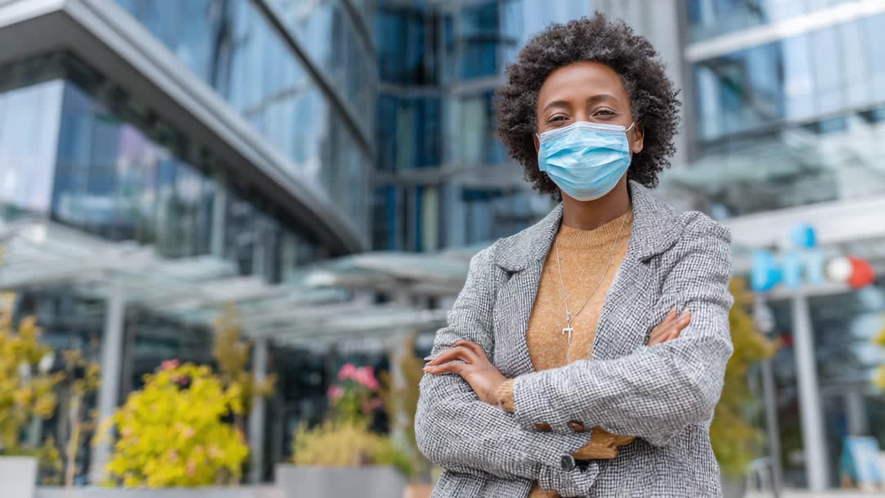 Confident Individual in a Mask Standing Outside a Modern Building, Emphasizing Resilience and Adaptability in the New Normal of Daily Life and Workspaces