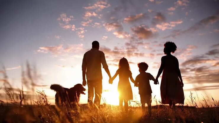 Famiglia e cane in silhouette al tramonto, scatto dal basso Perfetto per un video toccante