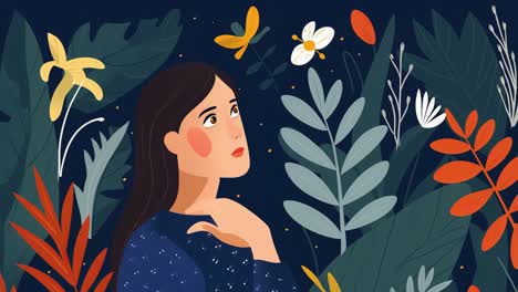 young woman with long brown hair and blue dress looking up with hope, surrounded by colorful tropical plants and flowers at night, concept of admiring nature