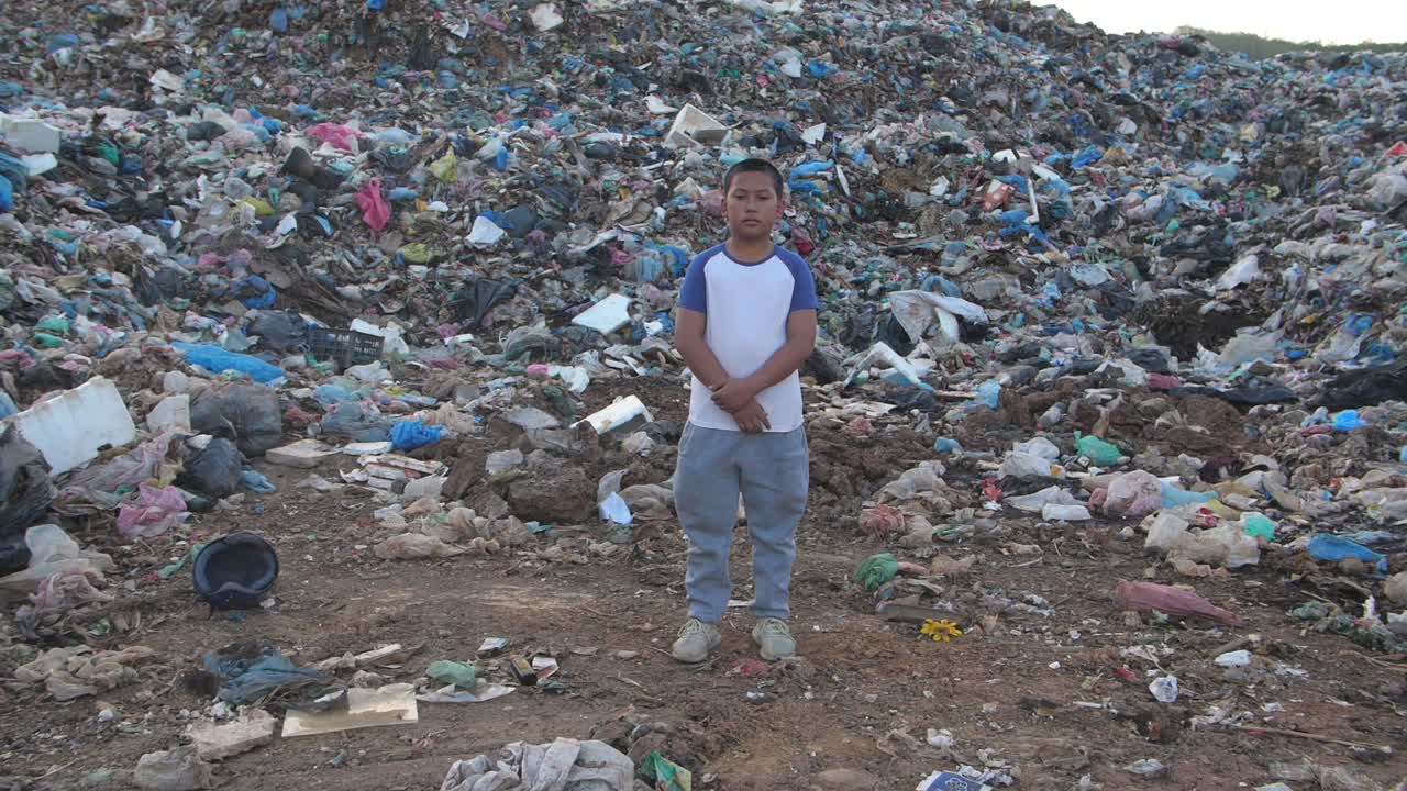 Asian Boy Standing In Environmental Pollution, Slow Motion
