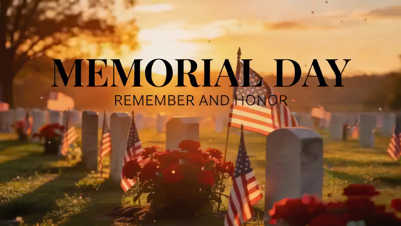 Pushing camera toward grave at cemetery as MEMORIAL DAY text appearing, flag waving honoring fallen
