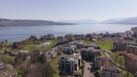 new planted trees in luxury neighborhood of swiss town during sunny day.luxury homes and apartments with green rooftop and lake zurich. bright sunny day in spring.switzerland, europe. aerial wide shot