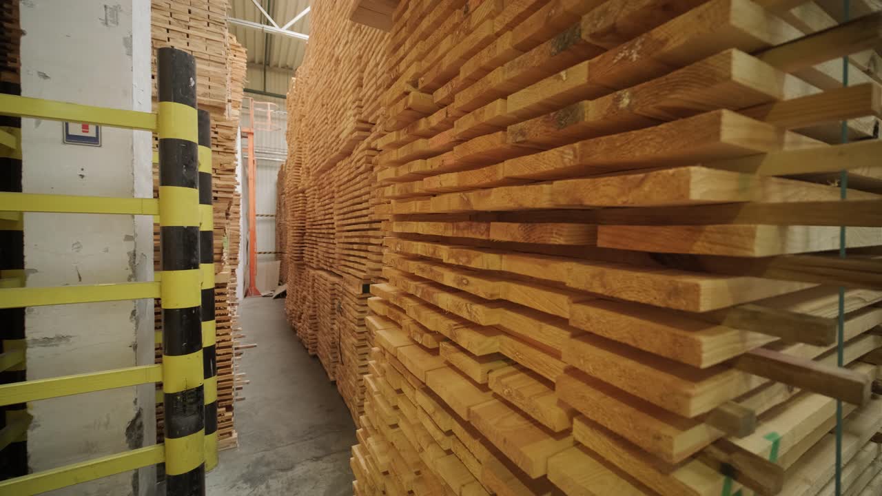 Grandi cataste di assi di legno in un magazzino industriale