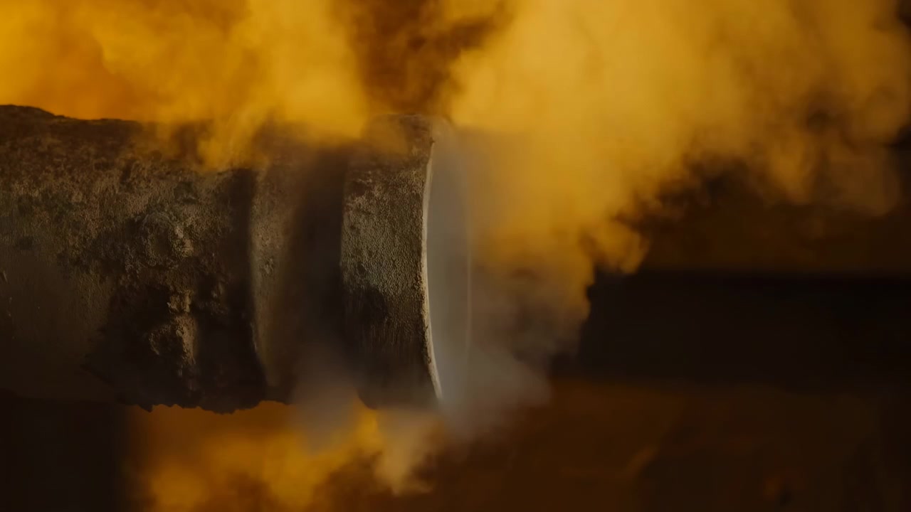Close view of corroded metal pipe releasing thick yellow orange smoke and steam inside industrial setting, with rust, soot, glowing haze, and strong environmental hazard atmosphere