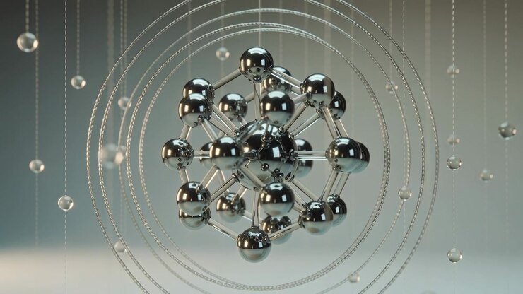Pulling camera revealing polished metallic nodes, rods turning in studio with strings, beads, rings