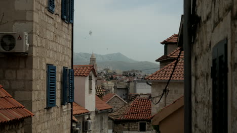 Beautiful-far-view-of-the-old-town-of-Split-with-a-view-between-the-old-buildings
