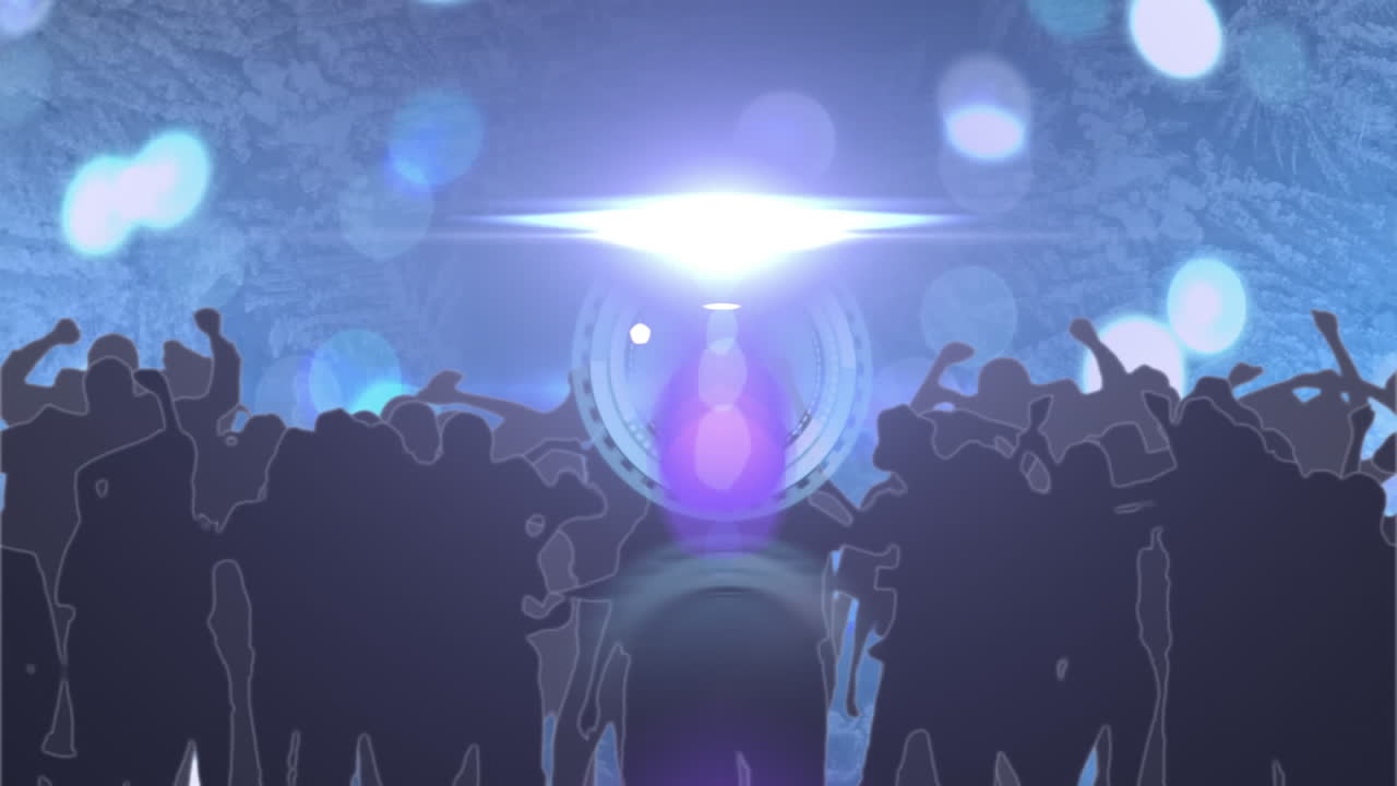 보케 블루 라이트와 스포트라이트와 함께 춤추는 군중 위에 시계 표면을 가진 스캐너의 애니메이션
