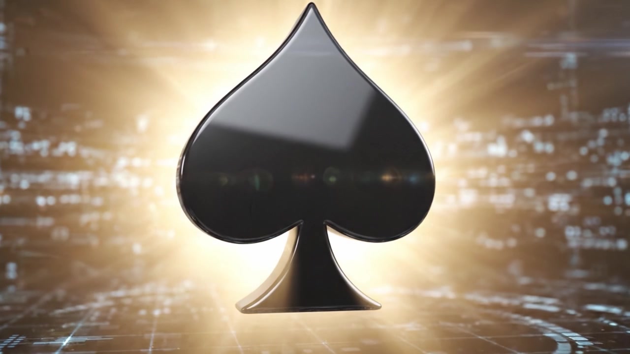 A Dynamic Transition from Darkness to Light Featuring a Sleek Black Playing Card Suit Icon Against an Intriguing Digital Background of Glowing Patterns