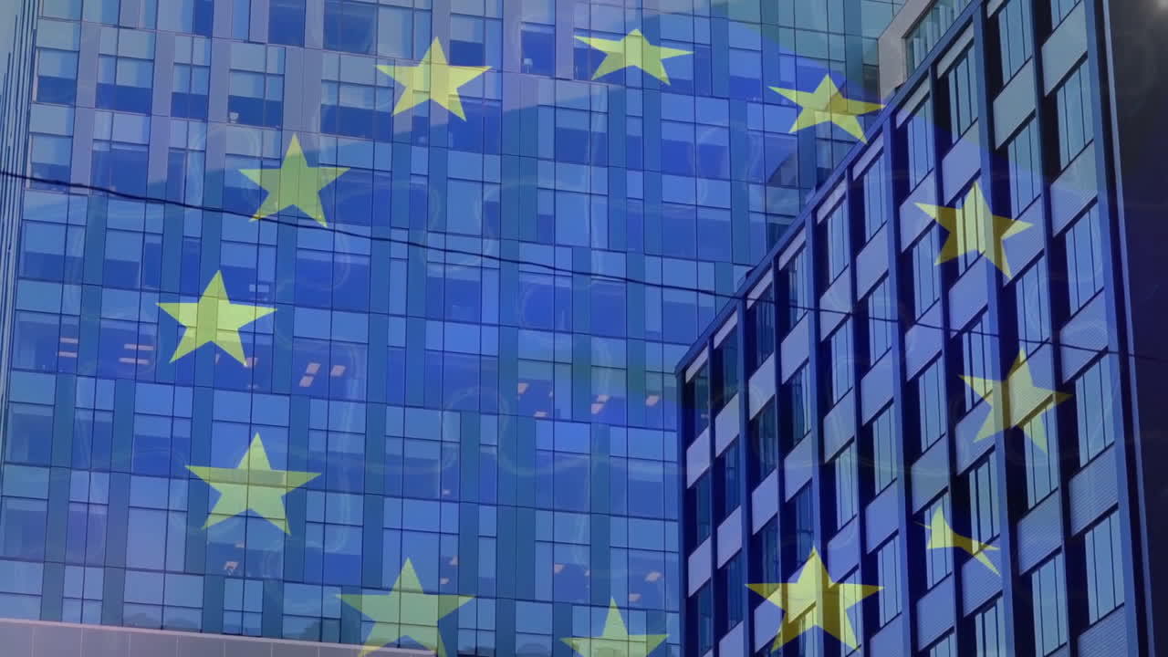 Office towers displaying EU stars overlay and reflecting glass under utility cable in flat design
