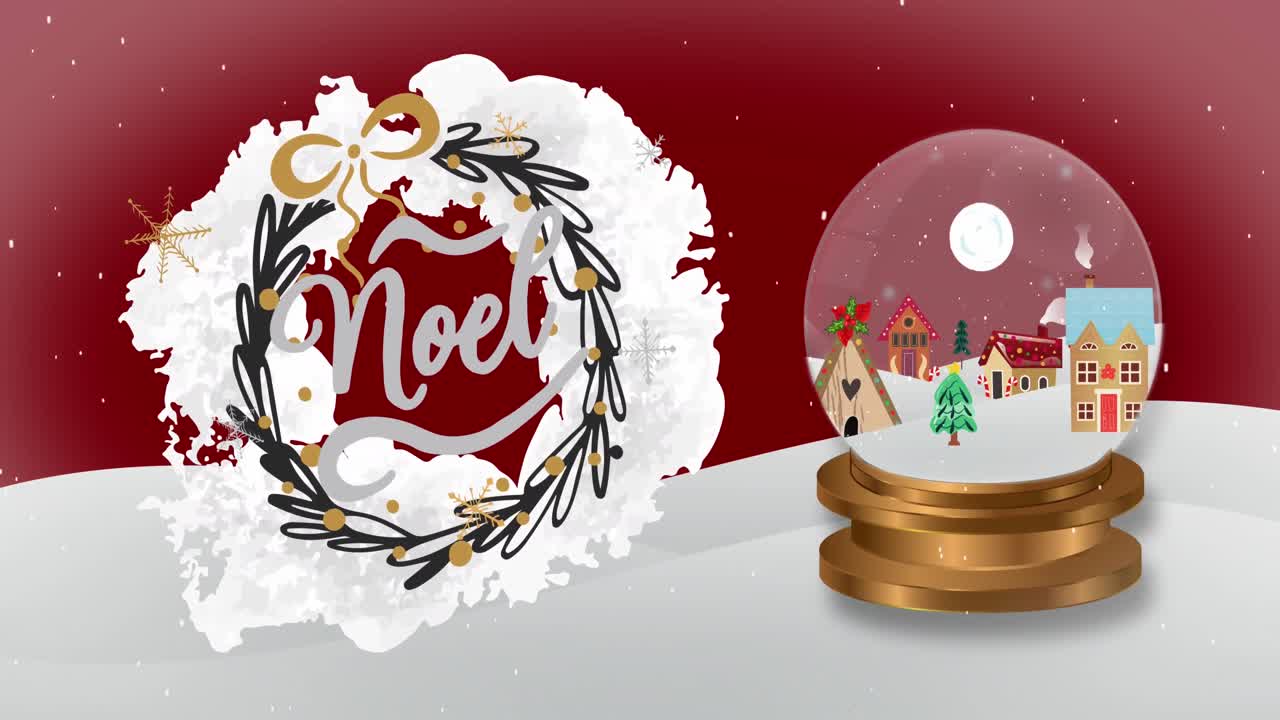 animación de saludos de navidad texto sobre el paisaje de invierno en el globo de nieve.