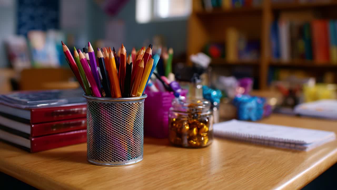 A Vibrant Collection of Colored Pencils in a Classroom Setting Surrounded by Stationery and Educational Materials on a Well-Organized Desk Surface