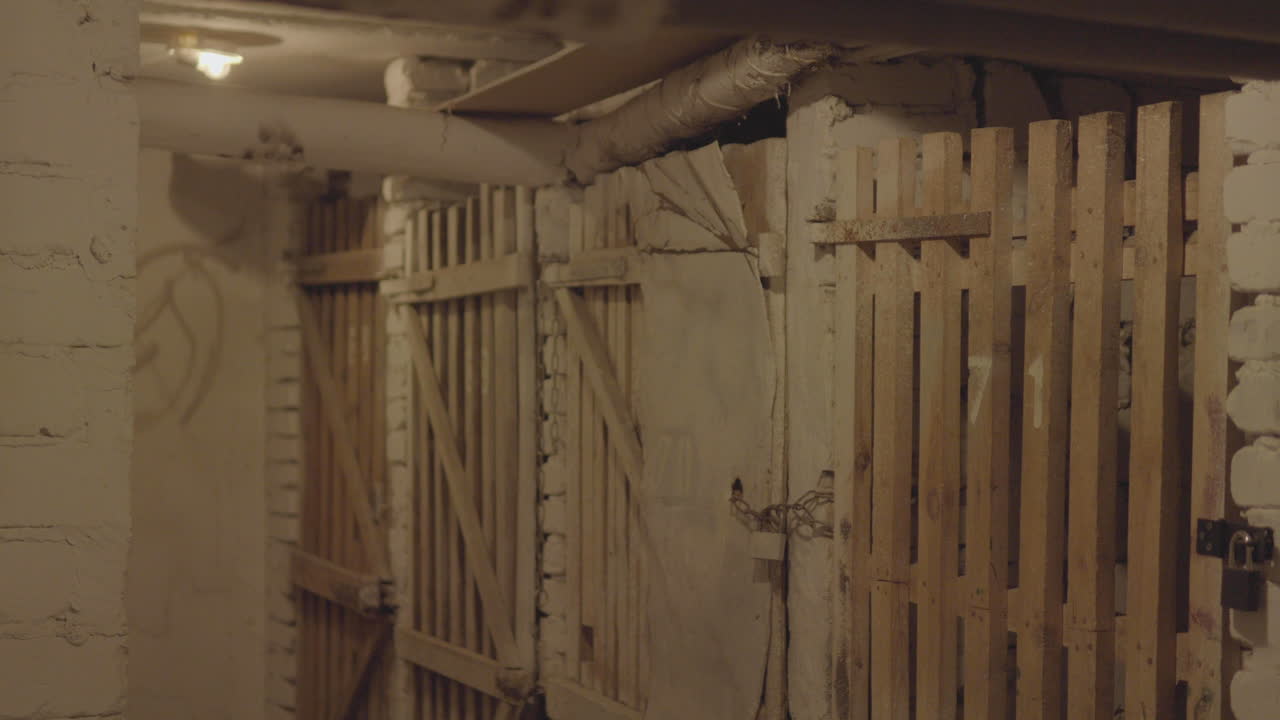 un pasillo flanqueado por múltiples puertas de madera con barras, lo que sugiere una mazmorra o una atmósfera de prisión histórica