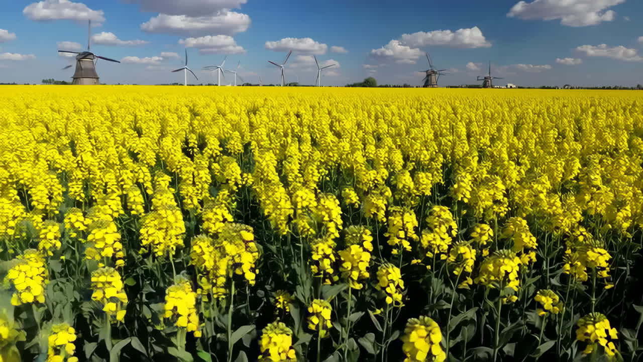 Dutch countryside with rapeseed flowers and windmills