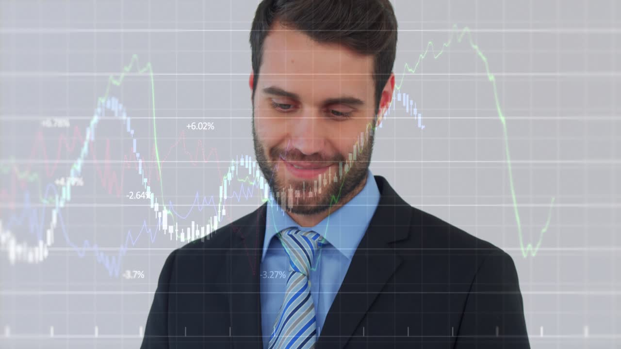 Businessman tapping tablet and displaying animated financial line charts while monitoring portfolio