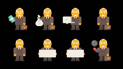 old businessman set animations in various poses part 2. alpha channel