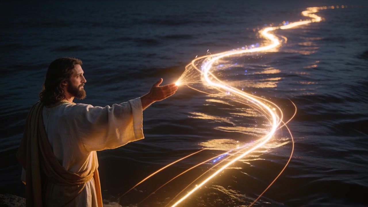 Raising arm, man in robe creating golden ribbon across sea at dusk lighting path, copy space