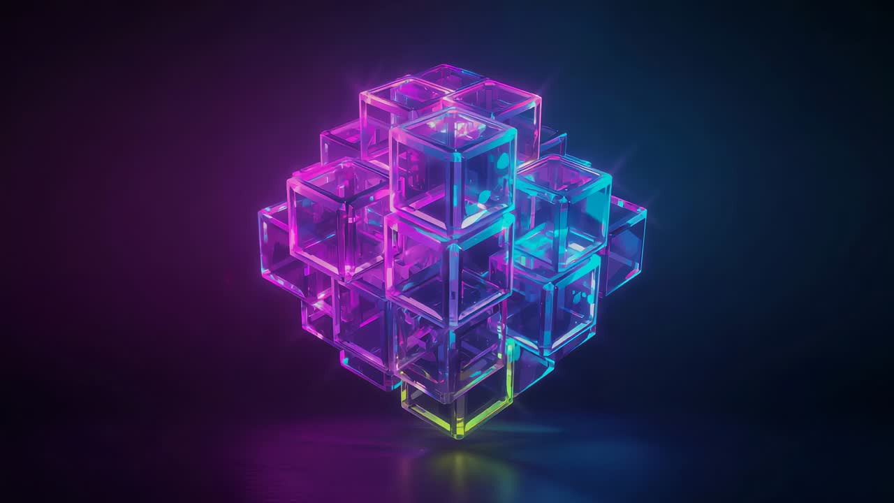 Appearing floating cubic lattice rotating slowly in dark studio, reflecting neon rim glows on floor