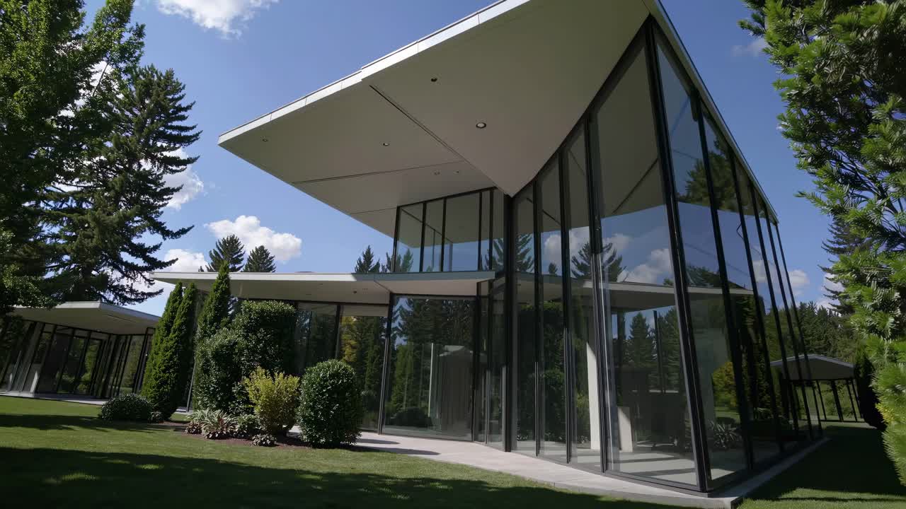 Modern glass house exterior shot from a low angle, showcasing sleek architecture and lush greenery