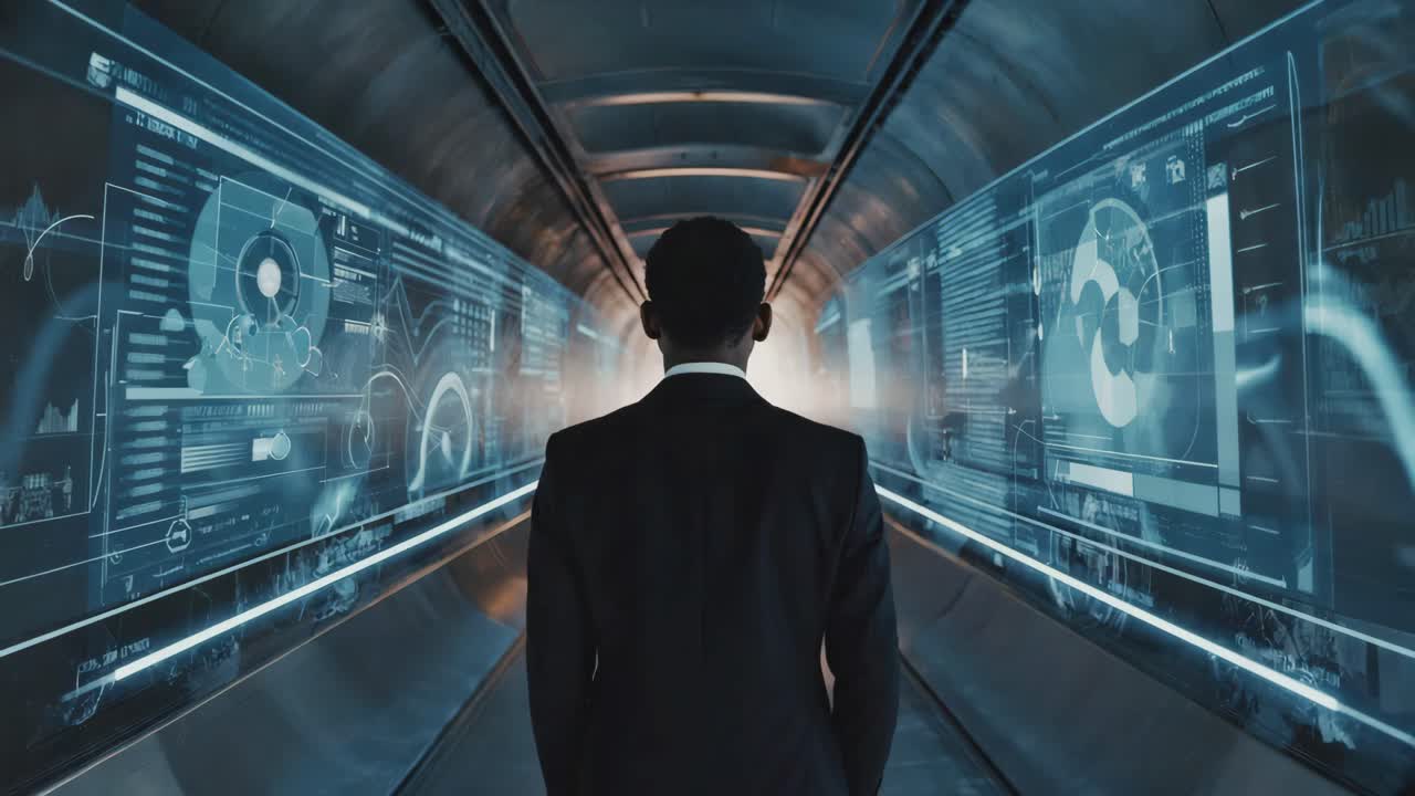 Man walking through a futuristic data tunnel