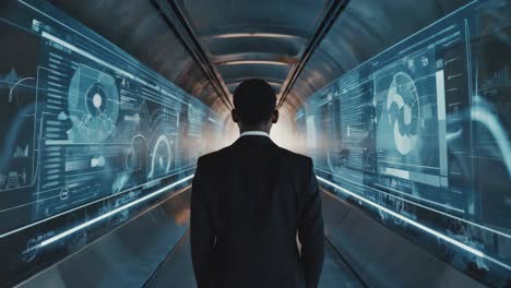 man walking through a futuristic data tunnel