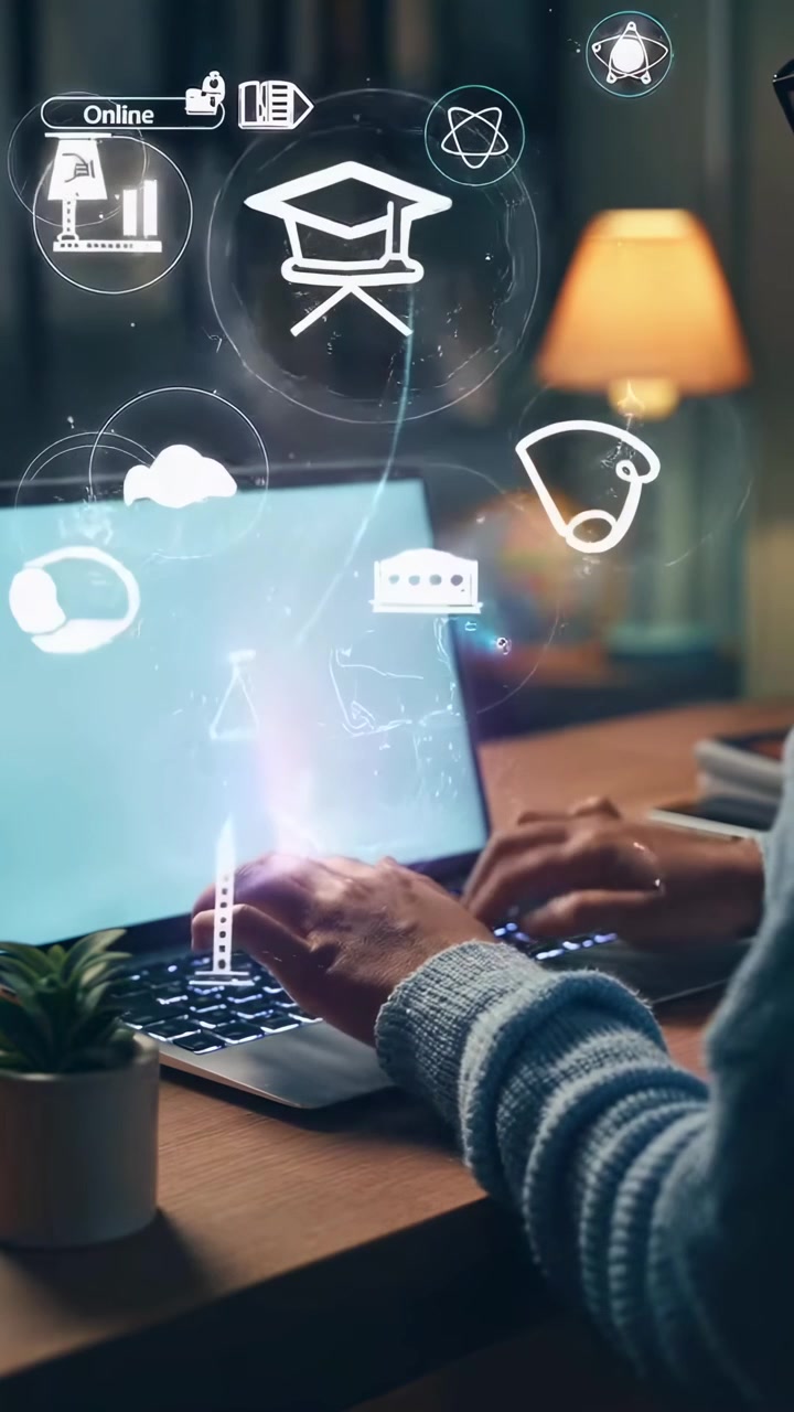 Close-up of Hands Typing on Laptop with Online Learning Icons