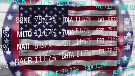 stock market data processing over waving flag against stars on spinning circles on white background