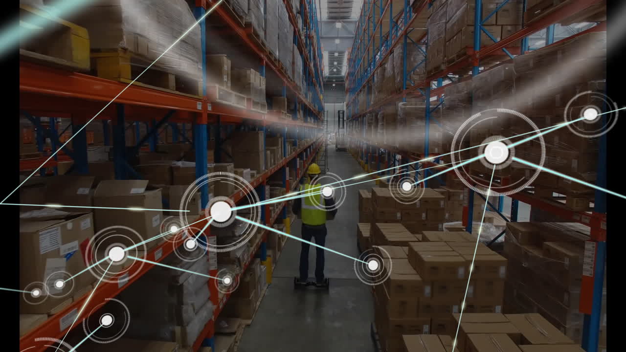 In warehouse, worker riding scooter with animation of network connections on shelves