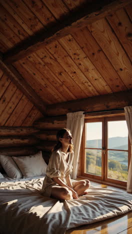 woman relaxing in a rustic cabin bedroom with a mountain view